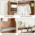 43.3" Hall Tree with Shoe Storage, Entryway Coat Rack with Flip Drawers Shoe Cabinets, Padded Shoe Changing Bench, Metal Hanging Rod & Hooks, Fluted Grain Accent Entryway Organizer for Hallway - Image 5