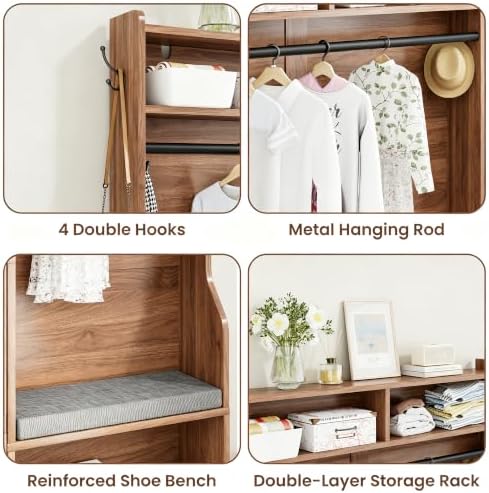 43.3" Hall Tree with Shoe Storage, Entryway Coat Rack with Flip Drawers Shoe Cabinets, Padded Shoe Changing Bench, Metal Hanging Rod & Hooks, Fluted Grain Accent Entryway Organizer for Hallway - Image 5