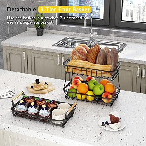 ANTOPY 3 Tier Fruit Basket with 2 Banana Hangers, Countertop Fruit Vegetable Basket Bowl for Kitchen Counter Metal Mesh Basket Fruits Stand Produce Holder Organizer for Onion Potato Bread Snack Veggie - Image 3