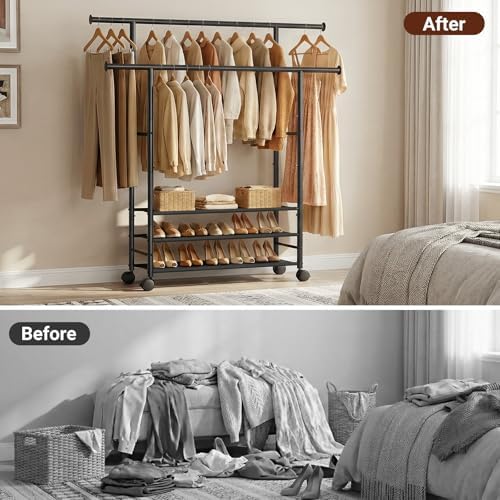 SLEEPING LAMB 44" Double Rods Clothes Rack for Hanging Clothes, Sturdy Wardrobe Clothing Rack with 3 Tier Shelves, Portable Rolling Garment Rack With Wheels for Bedroom, Laundry Living Room, Black - Image 6
