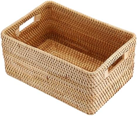 Hipiwe Woven Rattan Basket Natural Wicker Storage Basket Box with Handles by Hipiwe