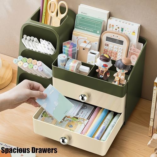 Desk Organizer with Pen Pencil Holder, Pen Organizer with 2 Drawers & 4 Compartments, Desktop Organizers and Storage for Office Home School Art Supplies (Green) - Image 2