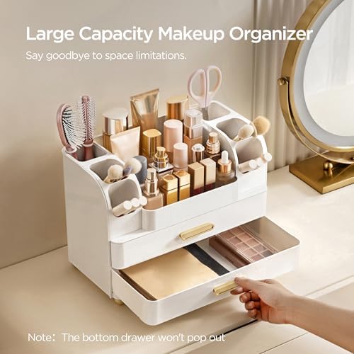 HBlife Makeup Organizer for Vanity with Brush Holder, Large Bathroom Countertop Cosmetic Organizer Skin Care Storage, Easy to Store Lipsticks, Nail Polishes, Perfumes, Eyeshadow Palettes, All White - Image 4