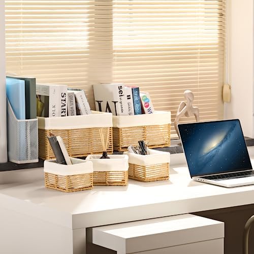 Vagusicc Wicker Storage Basket, Hand-Woven Paper Rope Wicker Baskets, Rectangular Small Wicke Baskets for Organizing, Cube Storage Bins for Closet/Clothes/Dresser, Natural, 5-Pack - Image 6