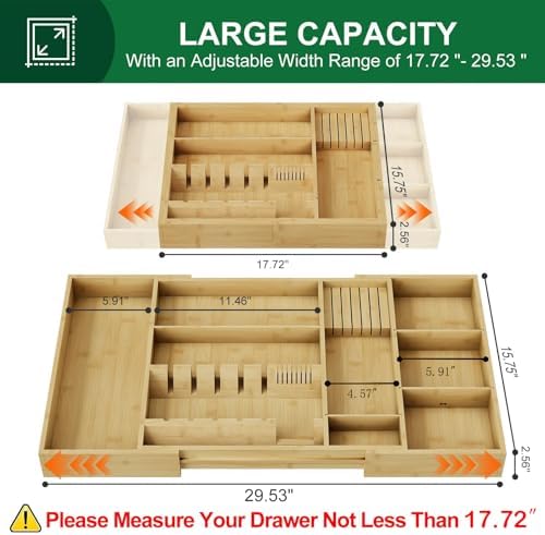 Bamboo Silverware Drawer Organizer, 17.72-29.53 Inch Expandable Large Kitchen Drawer Organizer, 5-8 Slot Flatware with Removable Card Slots & Knife Block for Spoon Butter Knive, Natural - Image 2
