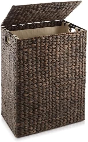 Casafield Large Laundry Hamper with Lid and Removable Liner Bag - Espresso Dark Brown, Woven Water Hyacinth Rectangular Laundry Basket Clothes Sorter by Casafield