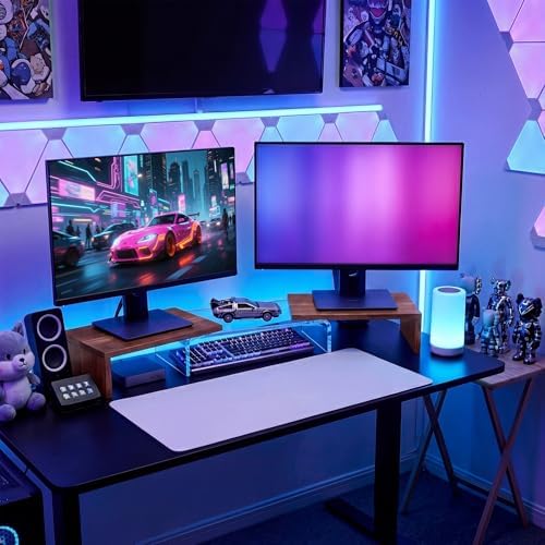 High-Clarity Dual Monitor Riser, Desk Organizer for Computer Monitor, Acrylic Monitor Riser with Keyboard Storage, Adjustable Angle & Length Computer Monitor Stand Walnut Look - Image 2