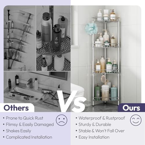 SWTYMIKI Standing Shower Caddy Corner - 4‑Tier Stainless Steel Shower Organizer Shelf with 12 Hooks and Adhesive Pads, Rustproof Corner Shelves Stand Rack for Bathroom Shower Room, Silver - Image 2