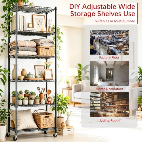 REGILLER 6 Wire Shelving Steel Storage Rack Adjustable Unit Shelves for Laundry Bathroom Kitchen Pantry Closet(Black,11.7" D x 21.4" W x 64.5" H,With Wheels) - Image 6