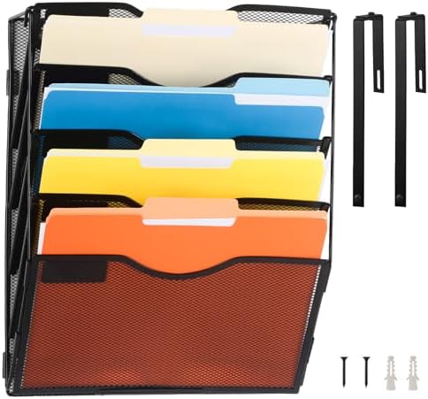 EASEPRES 5 Pocket Mesh Hanging Wall File Organizer with Hangers & Nametag Label, Wall Mounted Mail Paper Document Folder Holder, Clipboard Storage Organization Magazine Rack for Office Cubicle, Black by EASEPRES