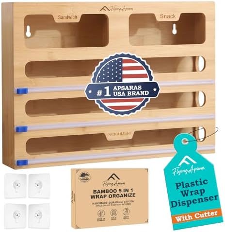 APSARAS USA 5 in 1 Bamboo Foil and Plastic Wrap Organizer for Kitchen Drawer, Ziplock Bag Organizer, Saran Wrap Dispenser with Cutter, Plastic Bag Organizer, Food Storage Bag Organization by FLYINGAPSARAS