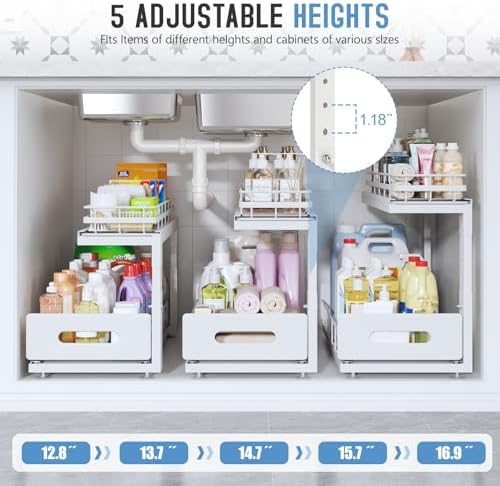 Under Sink Organizer Upgrade To Professional Rails,2-Tier Dual Pull Out Cabinet Storage,Height Adjustable Slide Out Drawers For Bathroom Kitchen,2 Pack-18.5"Dx12.8"-16.9"H,White - Image 6