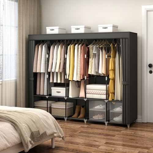 MOGELAFOO 83" Large Capacity Portable Wardrobe Closet for Hanging Clothes with Fabric Cover 5 Hanging Rods, 10 Storage Shelves, Black - Image 3