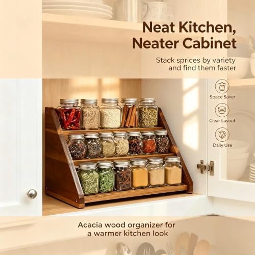 Acacia Wooden Spice Rack for Countertop - 3 Tiered Spice Rack Organizer for Cabinet - Kitchen Spices Organizers Holds 21 Jars - Spices Shelf for Kitchen Storage Pantry Seasoning Organizer - Image 4