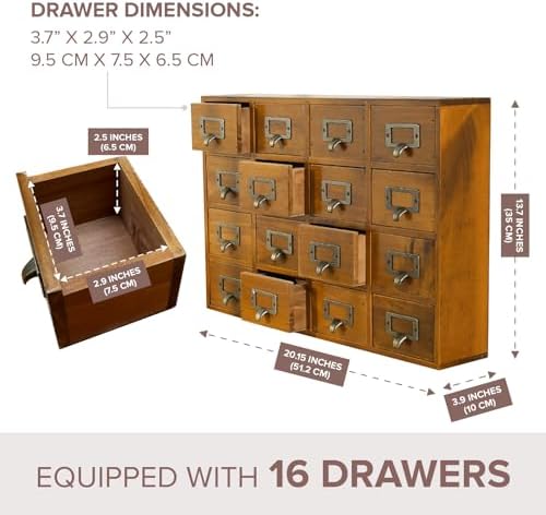 Card Catalog Desk Drawer Organizer - Wooden Storage Box with 16 Drawers - Home Office Desk Organizer Curio Cabinet - Rustic Drawers Dressers for Countertop- Apothecary Cabinet Tea Coffee Pod Storage - Image 2