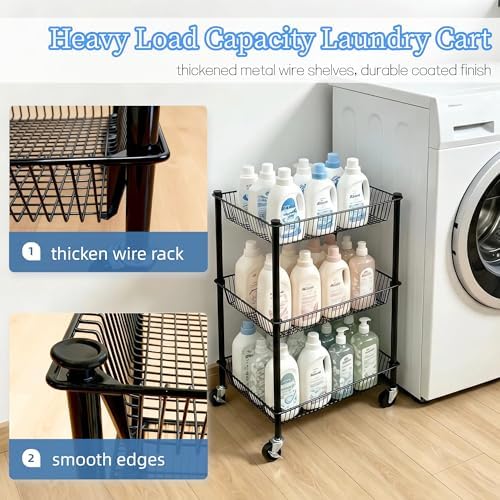 Pantry Organizer and Storage Shelves Kitchen Cart for Fruit Vegetables, 3 Tier Utility Cart with Wheels, Onion Potato Storage Basket Thicken Metal Trolley for Laundry Bathroom, Black - Image 6