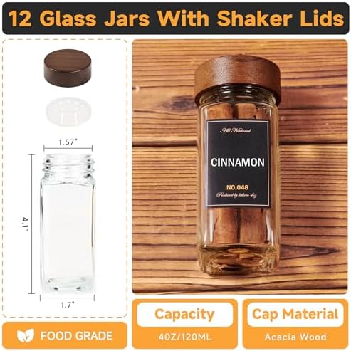 Wooden Lid Magnetic Spice Rack with 12 Jars, 216 Labels, 1 Steel Funnel for Refrigerator，Microwave Oven - Full Set of Spice Organizer - Image 3