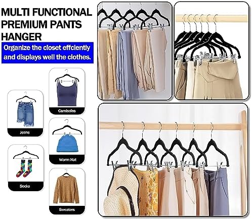 GVTECH Velvet Hangers with Clips, [24 Pack] Metal Clip Hangers for Pants - Notched Velvet Skirt Hangers for Pants, Skirts, Suit, Dresses & Shirts 360° Swivel Hook - Non Slip Felt Hangers (Black) - Image 6