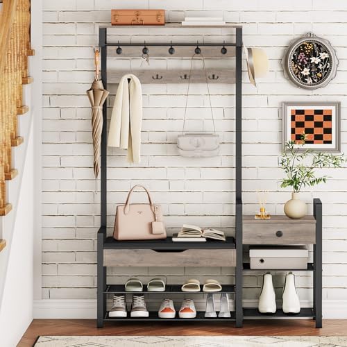 HOOBRO Hall Tree with Bench, Shoe and Coat Rack for Entryway, Coat Rack with Bench, Flip Top Storage Box, PU Cushioned Seat, Non-Woven Fabric Drawer, for Entrance, Greige and Black BG110MT01 - Image 2
