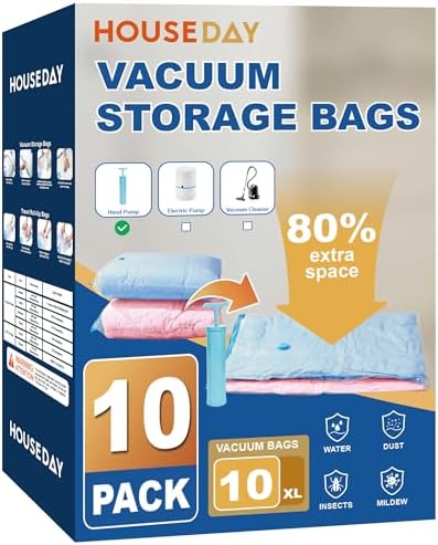 HOUSE DAY 10 Jumbo Vacuum Storage Bags with Pump,Space Saving Vacuum Seal Bags For Clothing Travel, Vacuum Storage Bags For Clothes, Comforters, Blankets, Pillows, Bedding, Moving, Travel, Hand Pump by HOUSEDAY