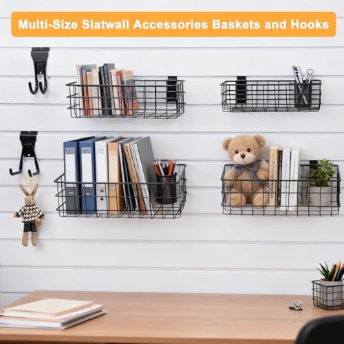 12 Pack Slatwall Organizer Kit with 4 PCs Slatwall Baskets (10.5 to 13.5 Inches) and 8 PCs Slat Wall Hooks Black Steel Slatwall Accessory for Garage, Retail Display and Home Storage (Black) - Image 7