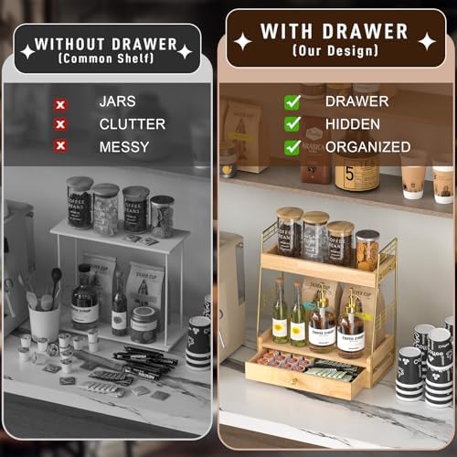 Coffee Bar Station Organizer with Drawer, 2-Tier Countertop Shelf (Natural) - Image 5