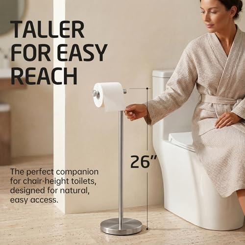 KES 26" Tall Toilet Paper Holder Stand with Weighted Base, Brushed Finish - Image 2