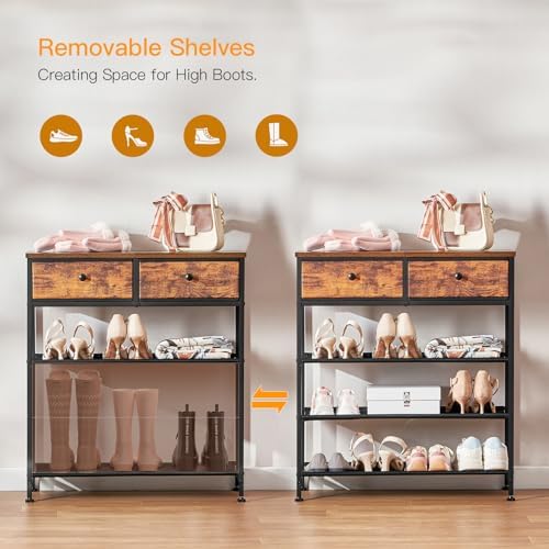 usikey Shoe Rack, 4 Tier Shoe Storage Organizer with 2 Drawers, Metal Shoe Shelf for 9-12 Pairs of Shoes, with 3 Oxford Fabric Shelves and Wooden Top, Shoe Stand for Entryway, Closet, Rustic Brown - Image 5