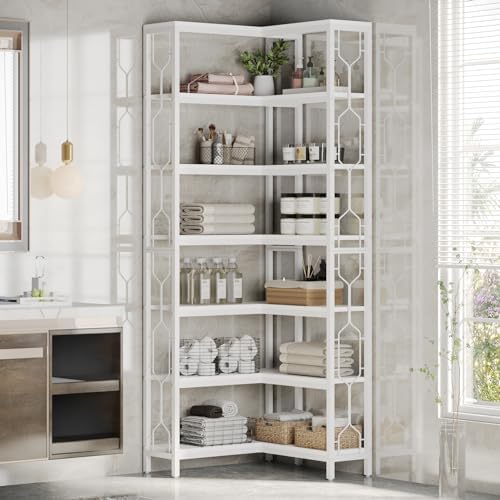 Tribesigns Corner Shelf, 7-Tier Industrial Corner Bookshelf, Wood and Metal Corner Etagere Bookcase, Freestanding Display Shelf for Living Room, Kitchen, Home Office, White - Image 4