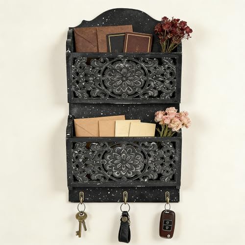 Rustic Key and Mail Holder for Wall Home Decorative,2-Slot Mail Organizer Wall Mount with 3 Hooks, Wooden Key Hangers Wall File Organizer Letter Sorter for Letter Magazines（Black） - Image 7