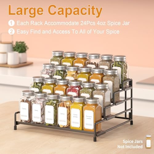 RUILALIFE 4-Tier-Spice-Rack-Organizer-for-Cabinet, Adjustable Depth Spice Holder Shelf For Countertop Pantry Cupboard, Metal Tiered Seasoning Organizer,Display Shelf Riser (Black-2 Pack) - Image 4