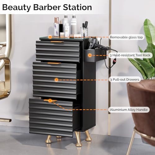 OmySalon Salon Stations for Hair Stylist, Barber Station with Glass Top & Drawers & Hot Tool Holder, Salon Storage Cabinet Hair Organizer Equipment for Beauty Spa, Black - Image 3