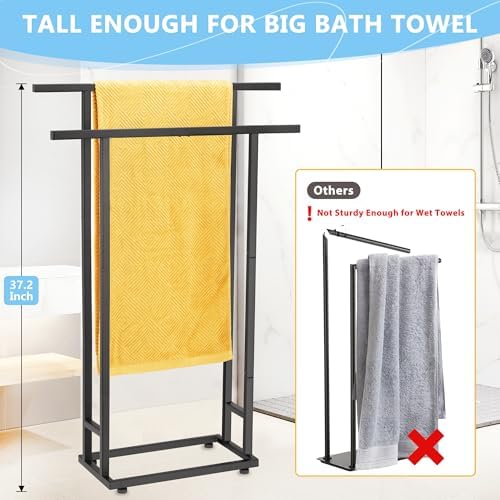 2-Tier Tall Towel Rack for Bathroom, Freestanding Towel Stand Drying Rack for Oversized Bath Towels, Poolside, Bathroom, Black, ALHAKIN - Image 2