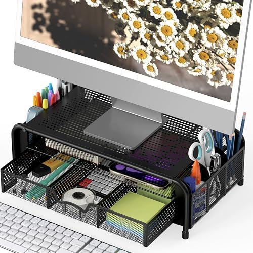Simple Houseware Monitor Riser Stand w/Pull-Out Drawer & Pen Holder, Black - Image 7