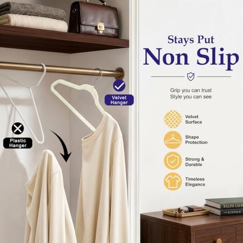 HOUSE DAY Ivory Velvet Hangers 60 Pack, Sturdy Non Slip Hanger Wrinkle-Free - Image 3