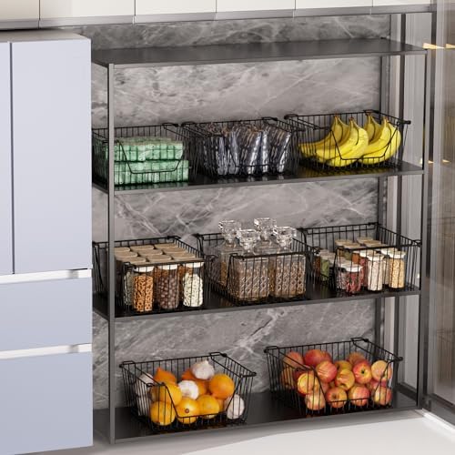 Stackable Wire Metal Baskets Sturdy Cabinet Organizer Wire Pantry Freezer Bin with Handle for Home Bathroom Kitchen Fruit Vegetable Organization, Black, 2Packs - Image 4