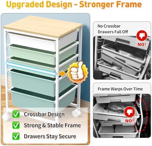 SUNALLY Rolling Carts With 5 Drawers, Storage Drawer Carts for Craft, Green - Image 3