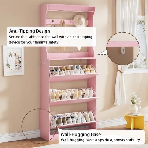 Pink Hidden Shoe Cabinet with 3 Flip Drawers & Coat Rack, Entryway - Image 6