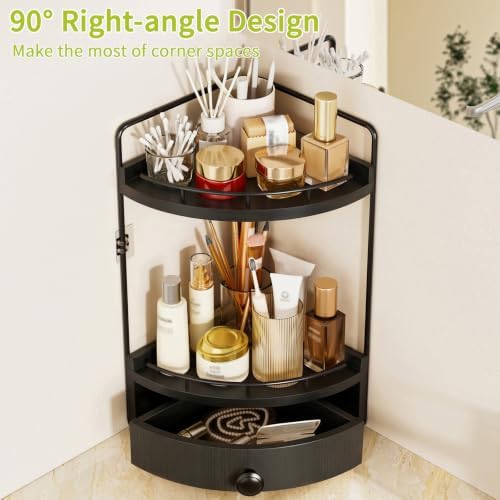 2-Tier Corner Bathroom Counter Organizer with Drawer, Black - Image 5