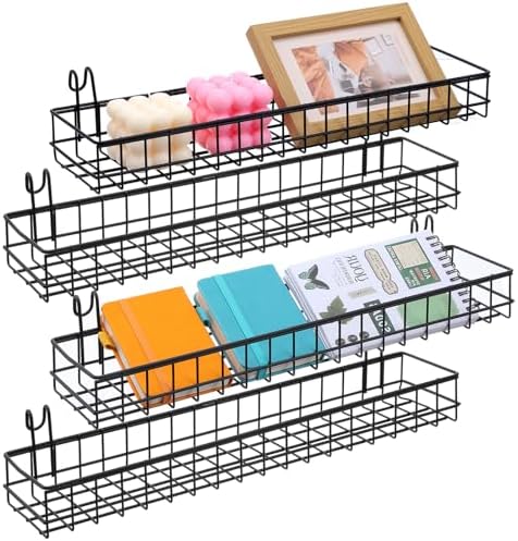 4 Pcs 15.75 x 3.94 x 1.97 Inch Black Metal Grid Wall Hanging Basket, Wire Storage Organizer Baskets with Hooks for Kitchen, Bathroom, Home Decor by Unknown