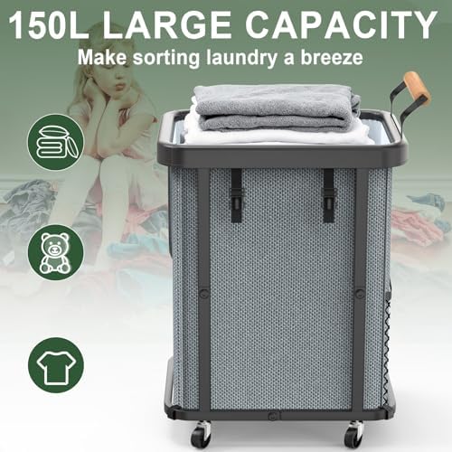 150L Laundry Basket with Wheels,Rolling Basket Hamper with Lid&Handle Gray - Image 2