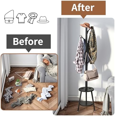 Freestanding Coat Rack with Umbrella Organizer Tray Bamboo Coat Tree Rack with 8 Hook Stand for Clothes Bag Hats Entryway Hanger Stand(Black) - Image 5