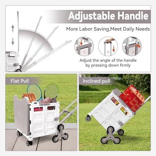 Foldable Utility Cart Portable Crate Rolling Dolly with Telescopic Handle,Can be Pulled diagonally, Magnetic Retractable Lid, 360°Swivel Climbing Wheels for Shopping Carrying Groceries Move White - Image 3
