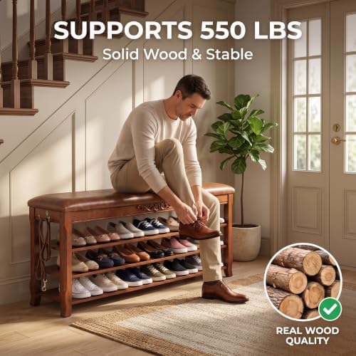 Shoe Rack Bench Entryway Storage with Leather Cushion, 47.2" - Image 3