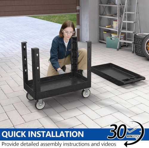 Large Garage Plastic Utility Cart, Heavy Duty 2 Shelf Tool Cart Service Cart Rolling Push Carts with Ergonomic Handle 5" Swivel Casters. - Image 4