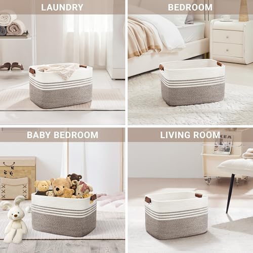 45L Woven Laundry Basket Hamper with Leather Handles,Dark Brown - Image 4