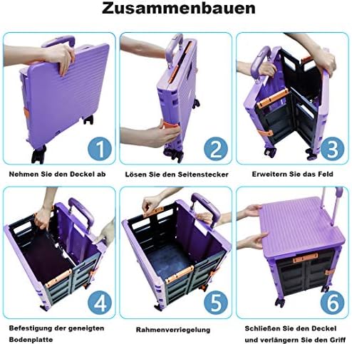 Foldable Utility Cart Folding Portable Rolling Crate Handcart Shopping Trolley Wheel Box with Lid Wear-Resistant Noiseless 360°Rotate Wheel for Travel Shopping Moving Storage Office Use (Purple) - Image 2