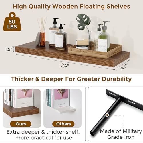 Floating Shelves for Wall, 24 inch Wooden Walnut Wall Shelves - Image 3