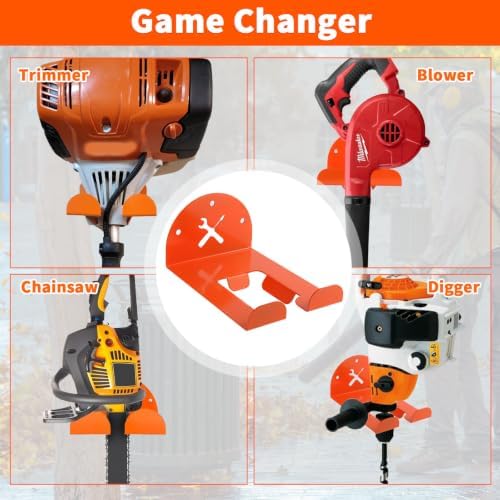 Upgraded Trimmer Rack Wall Mount - 8" Heavy Duty Weed Eater Hanger for Garage Wall, Garden Power Tool Holder Organizer Hooks for Grass Trimmer, Hedge Trimmer, Leaf Blower and Chainsaw, Orange, 4 Pack - Image 2