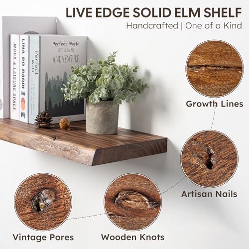 36" Live Edge Floating Shelves Set of 2, Solid Elm Wood, Vintage - Image 4